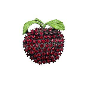 Vintage Signed WEISS Japanned Apple Pin Brooch Red Rhinestones Green Enamel Leaf